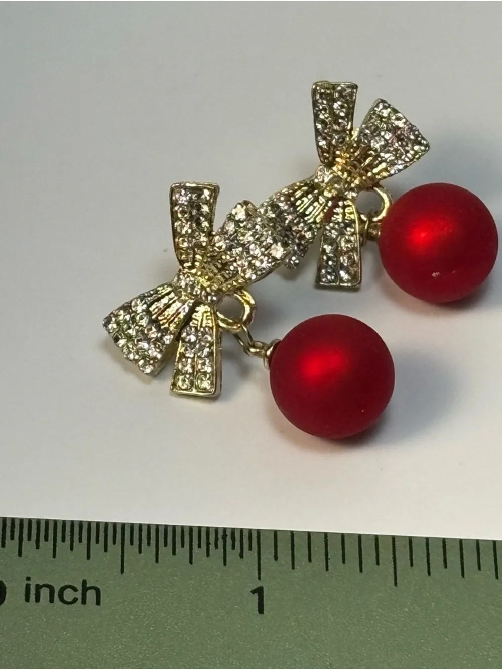 Gold‎ Bow Earrings with Red Pearl Drops